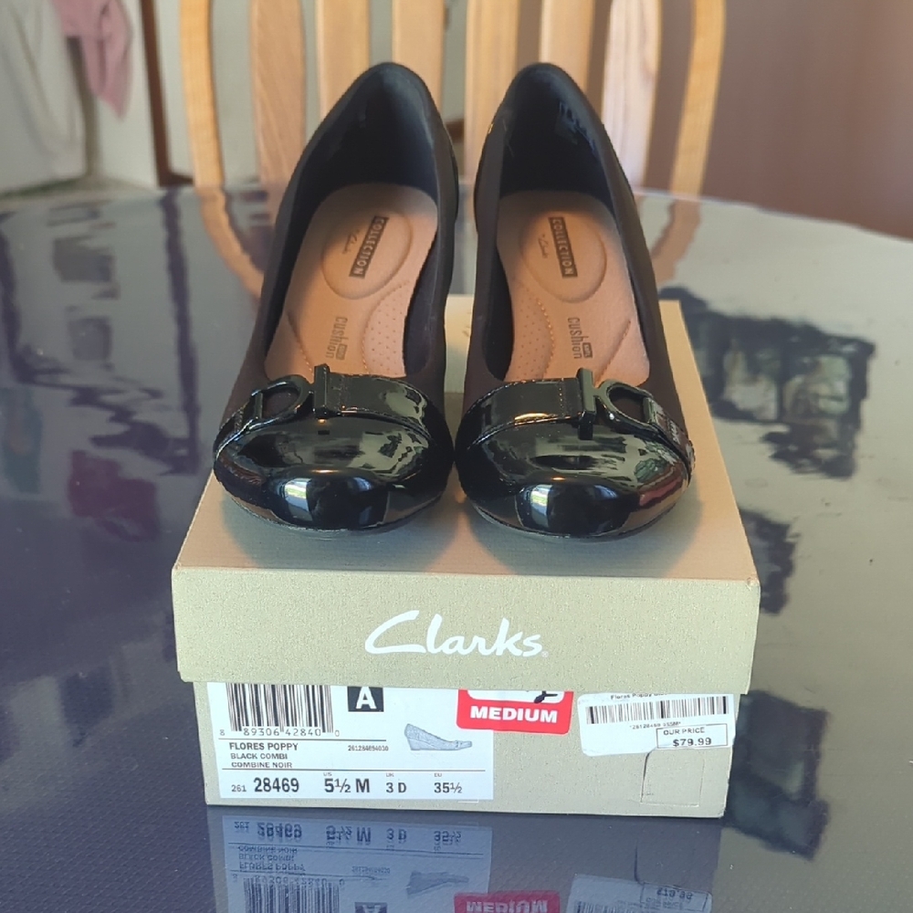 Clarks Black Patent Leather Wedges with Decorative Buckle